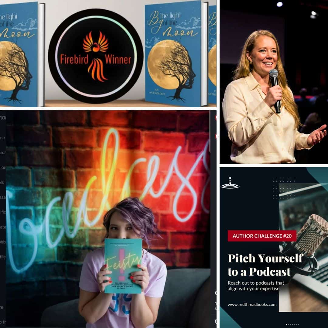 4 picture collage of authors promoting their book.